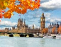 Big Ben tower with Houses of Parliament and Westminster bridge in autumn, London, UK Royalty Free Stock Photo