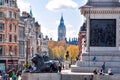 Big Ben tower and Lion statue at Nelson`s column on Trafalgar square, London, UK Royalty Free Stock Photo