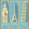 Big ben tower london, eiffel tower paris and pisa tower rome Royalty Free Stock Photo