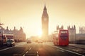 Big Ben tower, red London bus and the Westminster Abby - the symbols of London. Royalty Free Stock Photo