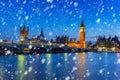 Big Ben and Westminster bridge on a cold winter night