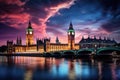 Big Ben and Westminster Bridge at dusk, London, England, UK, Big Ben and the Houses of Parliament at night in London, UK, AI Royalty Free Stock Photo