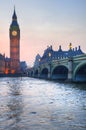 London attractions Big Ben and Westminster Bridge landscape during a Winter sunset Royalty Free Stock Photo