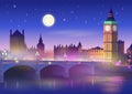 Big Ben and westminster bridge in London at night. Vector illustration in cartoon style Royalty Free Stock Photo