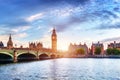 Big Ben, Westminster Bridge on River Thames in London, the UK at sunset Royalty Free Stock Photo