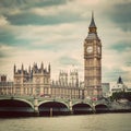 Big Ben, Westminster Bridge on River Thames in London, the UK. Vintage Royalty Free Stock Photo