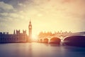 Big Ben, Westminster Bridge on River Thames in London, the UK. Vintage Royalty Free Stock Photo