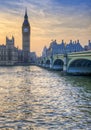 London attractions Big Ben and Westminster Bridge landscape during a Winter sunset Royalty Free Stock Photo