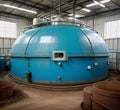 Big Biodigesters tanks inside clean industrial facility. Generative AI image.