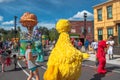 Big Bird dancing with a woman in Sesame Street Party Parade at Seaworld