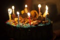 Big birthday cake with cream and candles for the birthday in the hands Royalty Free Stock Photo