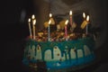 Big birthday cake with cream and candles for the birthday in the hands Royalty Free Stock Photo