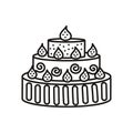 Big birthday cake with icing. Cartoon style. Hand drawn line art vector illustration isolated on white Royalty Free Stock Photo