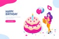 Big birthday cake isometric concept. Happy girl with a gift in hand celebrates the holiday. Can use for web banner Royalty Free Stock Photo