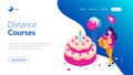 Big birthday cake isometric concept. Happy girl with a gift in hand celebrates the holiday. Can use for web banner Royalty Free Stock Photo