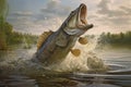 Big black bass jumping in the river. Nice specimen for a fisher. Generative AI Royalty Free Stock Photo