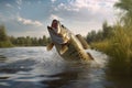 Big black bass jumping in the river. Nice specimen for a fisher. Generative AI Royalty Free Stock Photo