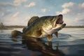 Big black bass jumping in the river. Nice specimen for a fisher. Generative AI Royalty Free Stock Photo