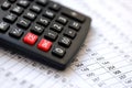Big black calculator lies on financial statement and balance sheeet on desk of auditor close up. Concept of accounting and audit Royalty Free Stock Photo