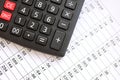 Big black calculator lies on financial statement and balance sheeet on desk of auditor close up. Concept of accounting and audit Royalty Free Stock Photo