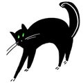Big black cat arches his back. Big green eyes. Home pet. Funny cartoon character animal, Good Halloween theme design