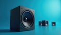 Big black cube audio speaker system stands on bright blue studio background. Modern high fidelity tech device features large Royalty Free Stock Photo