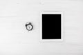 Big Black Empty Screen Smart Tablet Device Next To Bell Alarm Cl Royalty Free Stock Photo