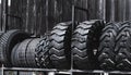 Big black huge big truck, tractor or bulldozer loader tires wheel close-up on stand, shop selling tyres for farming and big vehicl Royalty Free Stock Photo