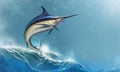 Big black marlin jumps sea waves background horizontal. Black Swordfish extreme fishing on the high seas.