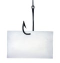 Big black metal fishing hook with piece of white clean paper. Royalty Free Stock Photo