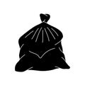 Big black plastic bag with wastes. Full trash bag. Pile of household waste. Package with garbage