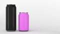 Big black and small purple aluminum soda cans mockup