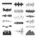 Big black sound wave collection. Set of isolated audio logos, design symbols. Vector equalizer elements. Pulse music players