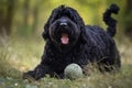 A big black terrier dog with a ball lying in the grass Ai generated Royalty Free Stock Photo