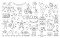 Big black and white vector circus set. Street show animals, tent, artist collection. Amusement holiday line icons pack. Bear on Royalty Free Stock Photo