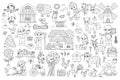 Big black and white vector farm set. Rural line icons collection with funny kid farmers, barn, country house, animals, birds, Royalty Free Stock Photo