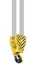 Big black and yellow construction towe crane hook block hanging on steel ropes. 3d render of overhead hookblock isolated Royalty Free Stock Photo