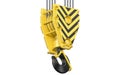 Big black and yellow construction towe crane hook block hanging on steel ropes. 3d render of overhead hookblock isolated Royalty Free Stock Photo