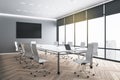 Big blank black poster on grey wall in modern eco style meeting room with huge windows, dark wooden parquet and white furniture. Royalty Free Stock Photo