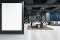 Big blank white poster with empty place on grey wall in modern spacious office area with stylish conference table, wooden and Royalty Free Stock Photo