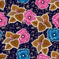 Big Blooming flower blue and. pink with Botanical leaves on Dark navy blue batik texture background seamless apttern vector EPS10