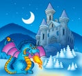 Big blue dragon with winter castle