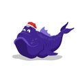 Big blue fish in Santa`s hat. Christmas pet in cartoon style. Isolated image of sea monster