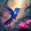 Big blue hummingbird Violet Sabrewing flying next to beautiful pink flower with clear green forest background