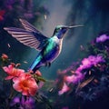 Big blue hummingbird Violet Sabrewing flying next to beautiful pink flower with clear green forest background Royalty Free Stock Photo