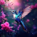 Big blue hummingbird Violet Sabrewing flying next to beautiful pink flower with clear green forest background Royalty Free Stock Photo