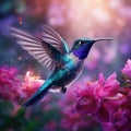 Big blue hummingbird Violet Sabrewing flying next to beautiful pink flower with clear green forest background