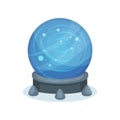 Big blue magic ball on gray stand. Crystal sphere with sparkles inside. Flat vector for mobile game or children book Royalty Free Stock Photo