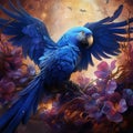 Big blue parrot Hyacinth Macaw Anodorhynchus hyacinthinus wild bird flying on the dark blue sky action scene in the nature Royalty Free Stock Photo