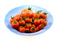 Big blue plate with red tomatoes isolated Royalty Free Stock Photo